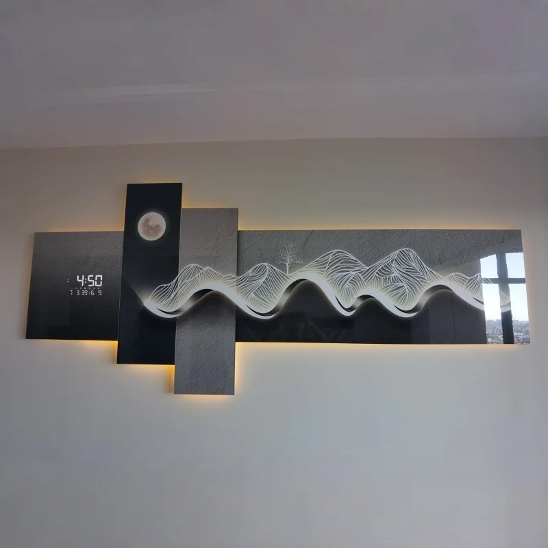 Modern Living Room Decoration Painting With Mountain Backed Led Clock Wall Lamp Painting Sofa Background Wall Hanging Painting