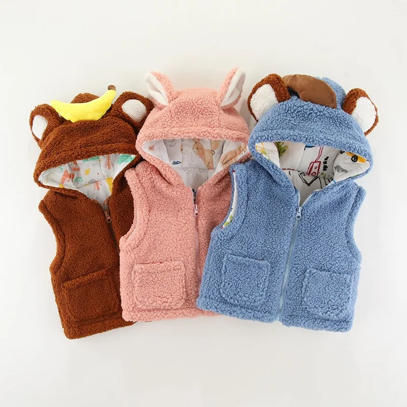 

2024 Autumn Winter Toddler Boys Vest Granular Velvet Thickened Warm Baby Boys Vest Small Ears Hooded Infant Boys Waistcoat