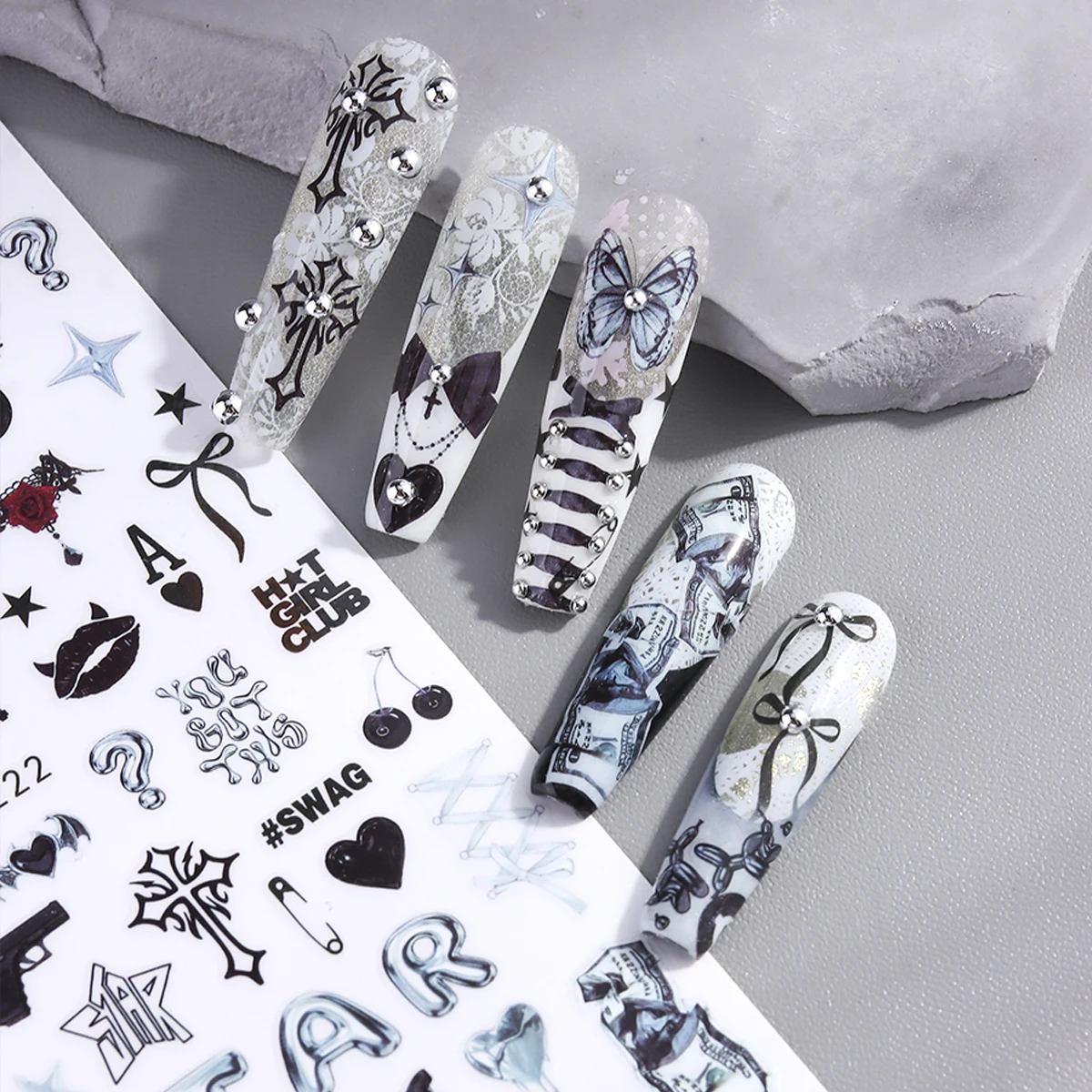 Nagelaufkleber im Gothic-Stil, Buchstaben-, Schmetterlings- und Kreuzmuster-Nagelsticker, selbstklebende glitzernde Harz-Nageldekorationen – Detail 11