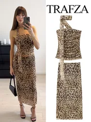 TRAFZA Women 2 Piece Set Leopard Print Vintage Suit Elegant Sexy Off-Shoulder Halterneck Tube Top+Causal A-Line High Waist Skirt