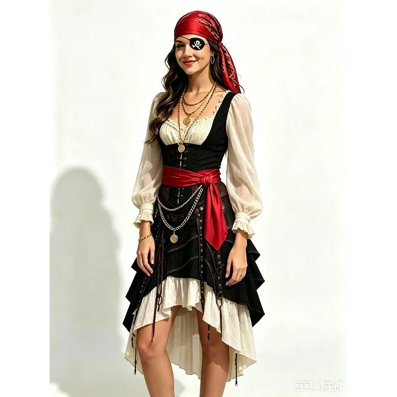 Halloween Pirate Costume Accessories Pirate Head Scarf Hat Waist Belt Eyepatches Pirate Captain Versatile Masquerade Decoration