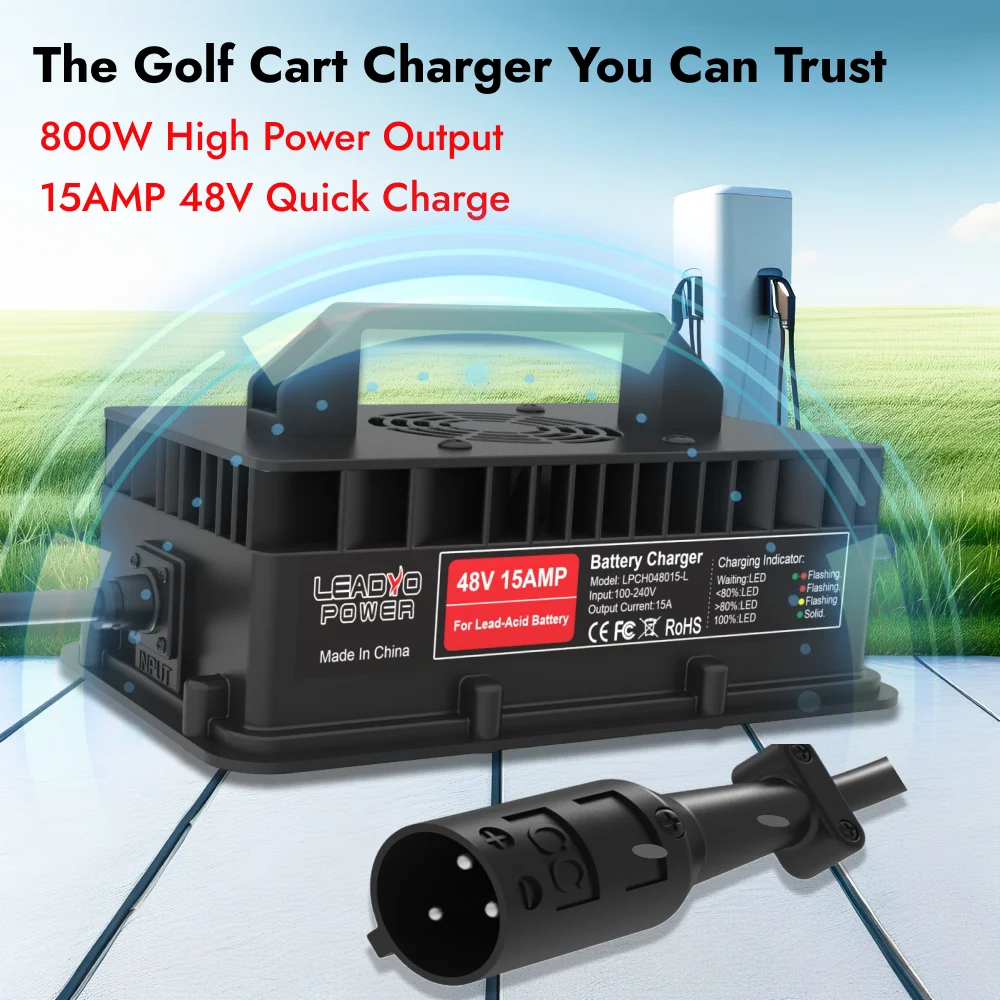 48V 15A Golf Cart Battery Charger for Club Car DS Precedent with 3-Pin Round Plug Battery smart Charger 800W IP67 waterproof