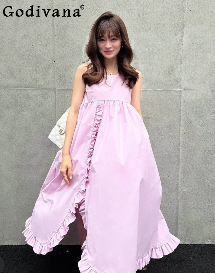 

Japanese Style Sweet Pink Basic Sleeveless Dress Summer New 2025 Girl's Woman's Daily High Waist Slim Elegant Fashion Long Dress