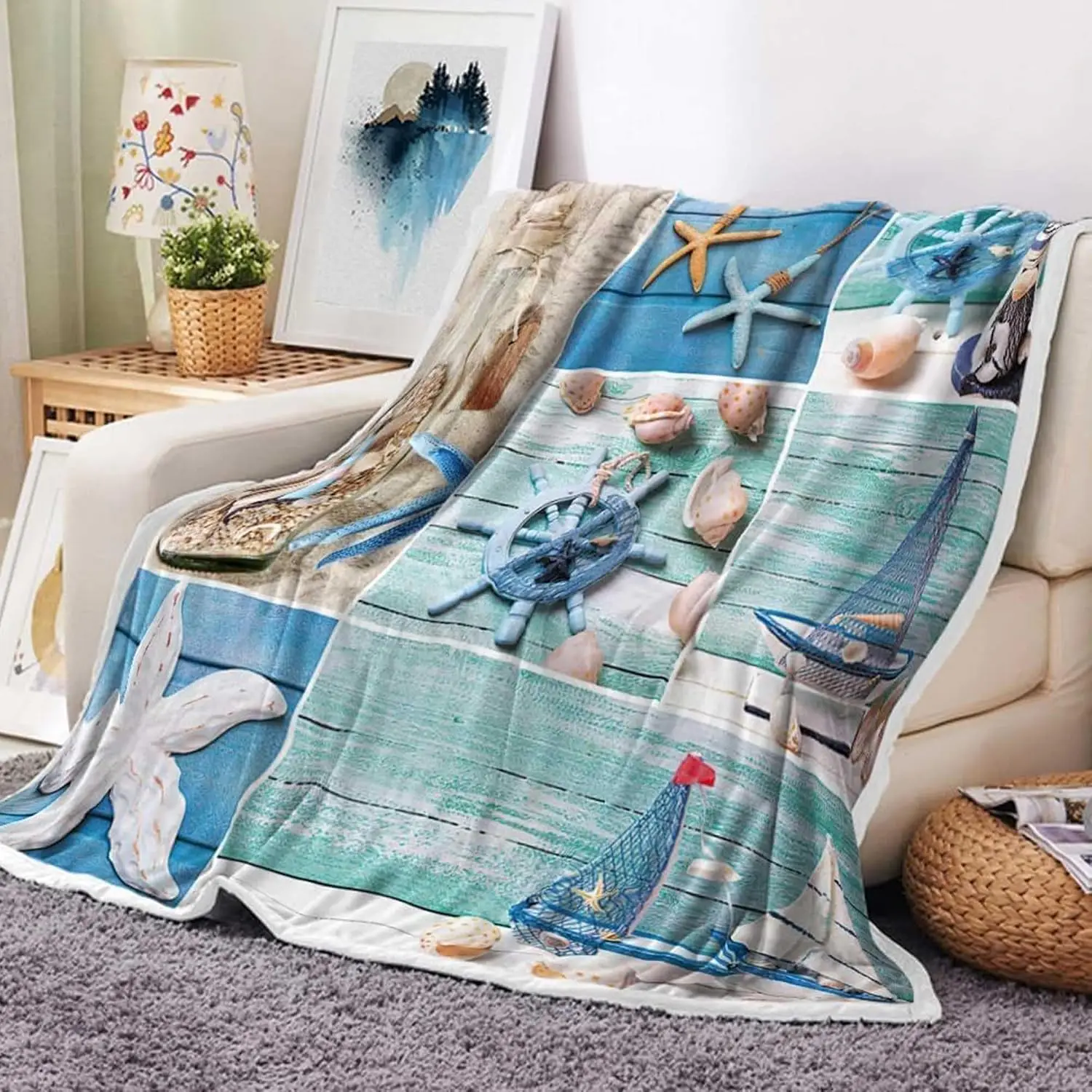 Blue White Wooden Plank Ocean Blanket Starfish Seashell Ship Wheel Fishing Net Print Soft Flannel for Sofa Beach Coastal Warm
