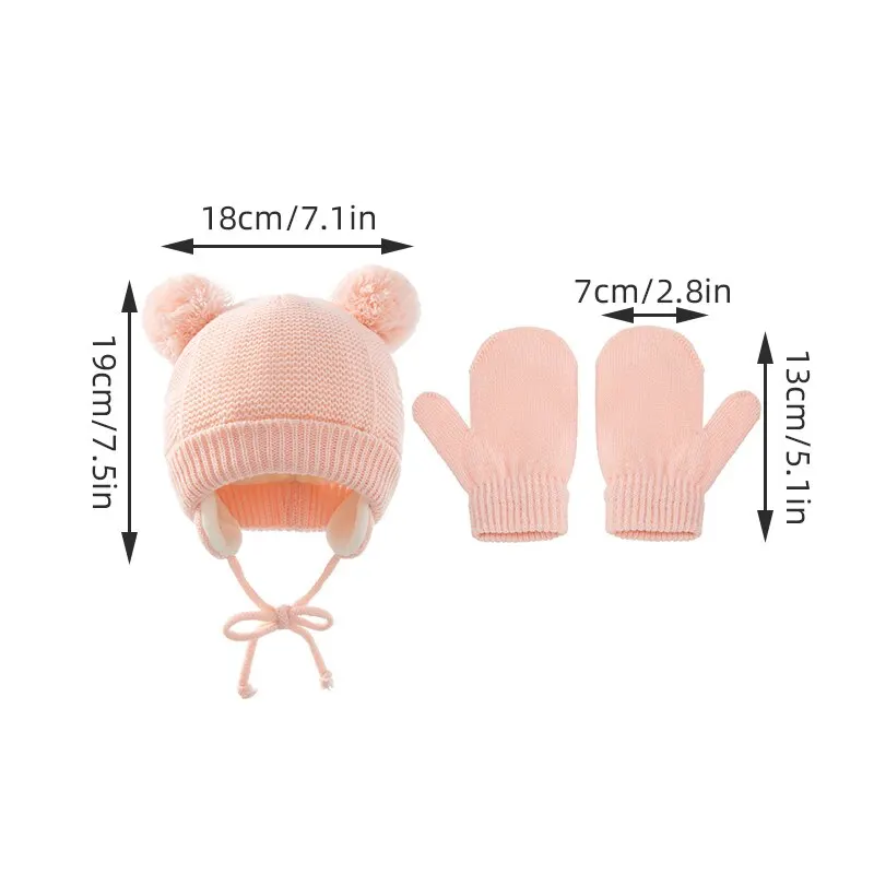 2Pcs Baby Knit Gloves Hat Set Solid Color Autumn Winter Ear Protection Infant Toddler Beanie Cap for Girls Boys Cute Outdoor War