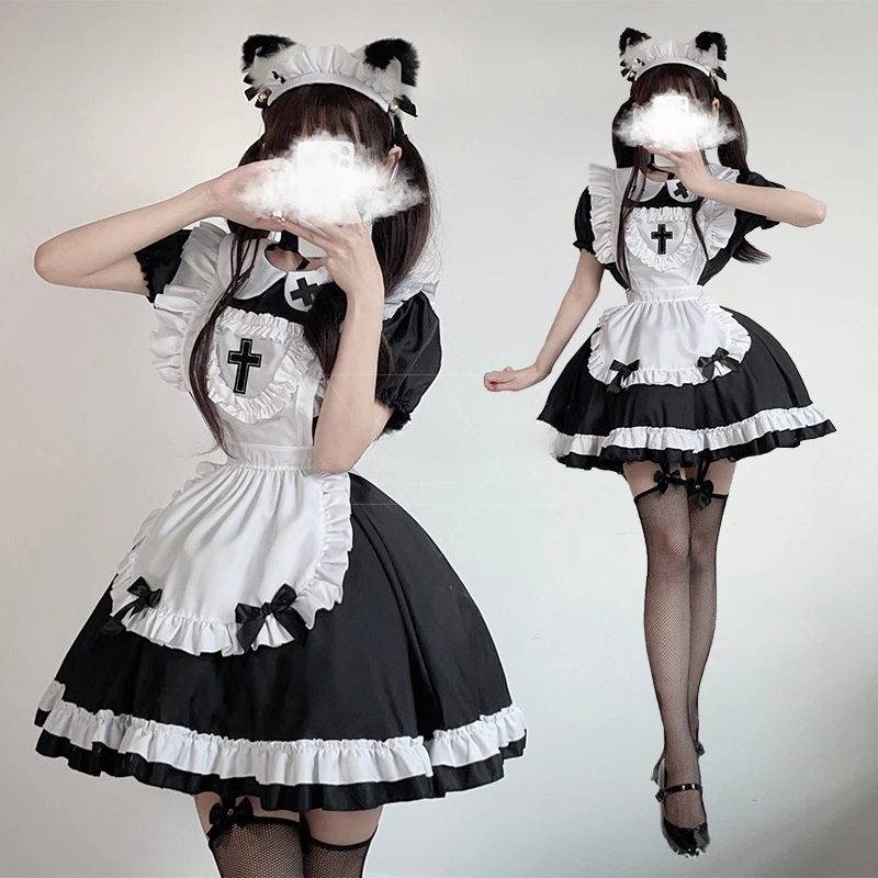 

Akiba Gothic Cat Maid Set Black White Tiered Lolita Dress Unisex Anime Cafe Uniform for Cosplay Enthusiasts Halloween Roleplay