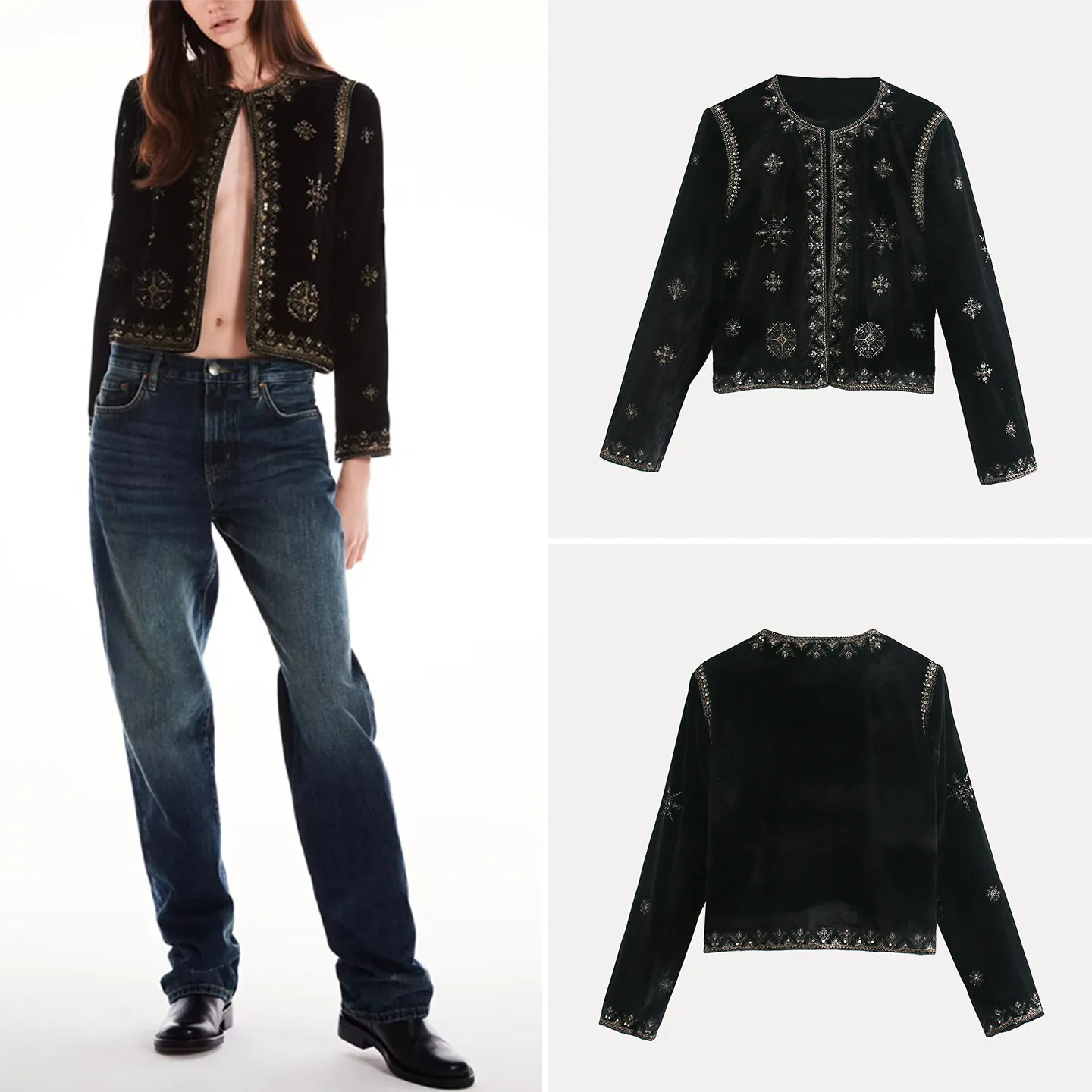 

Z Women's Faionable Embroidered Jaet Personali Court Sle 2025 New Arrival Slim Fit Long Sve round Ne Coat