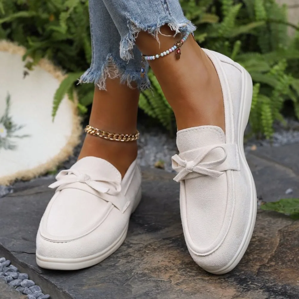 2026 Damen Loafer mit Runder Spitze, Lässige Leichte Bequeme Slip-On Schuhe, Vielseitige Übergrößen Damen Flache Schuhe mit Schleife