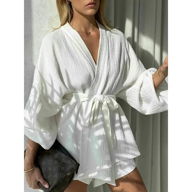 

2026 Women Solid White Loose Fit Outfits Casual Lantern Sleeve Suit 2 Two Piece Set Spring Summer Holiday Shorts Sets For Women