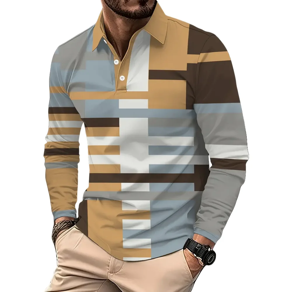 

Vintage Stripe Polo Shirt For Men Fashion Simple Design Long Sleeve Pullover Autumn Loose Casual Outdoor Street Business Clothes