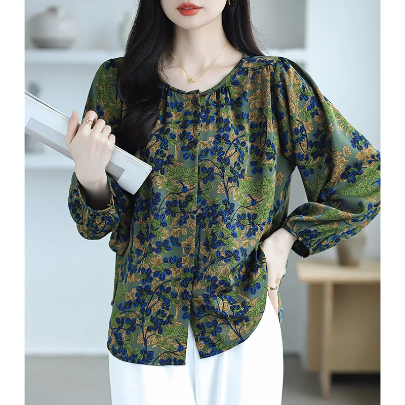 Autumn Vintage O-neck Long Sleeve Chiffon Shirt Women Clothing Casual Loose Oversized Print Blouses Office Lady Elegant Chic Top