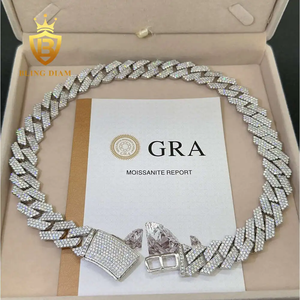 Luxury Iced Out Cuban Necklace 3 Row 18mm Hip Hop Fine Jewelry Vvs Moissanite Sterling Silver 925 Cuban Link Chain.