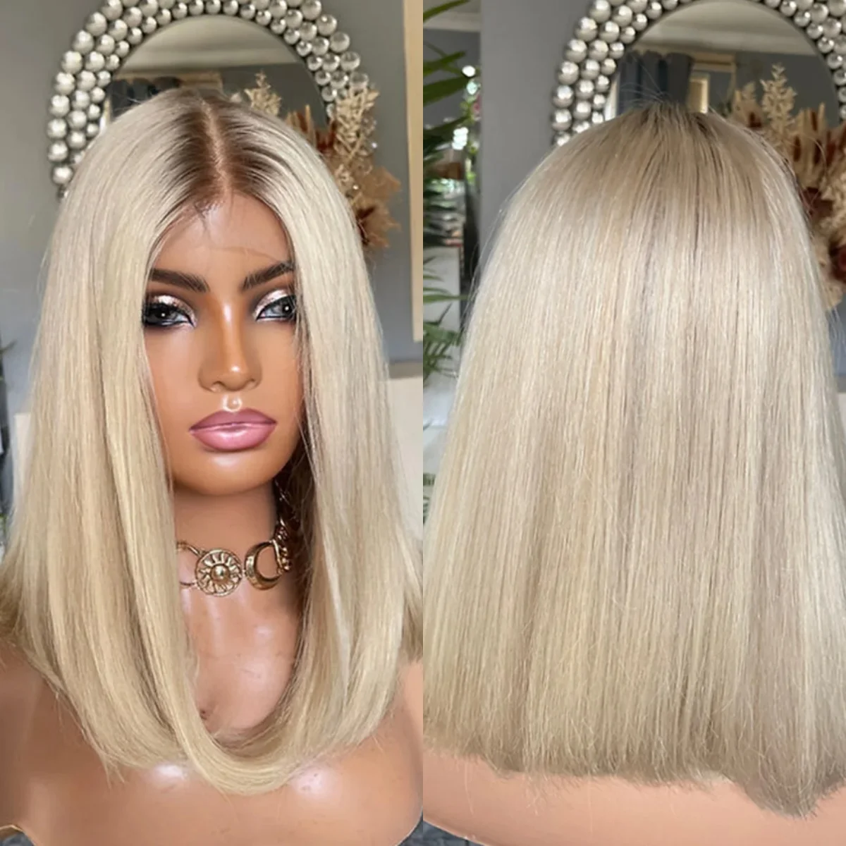 

Белый блондин парик Синтетические волосы 13x4 Парики спереди на шнуровке Прямой парик плеча 180% Плотность Оригинальные заводские парики для женщин Ежедневное использование