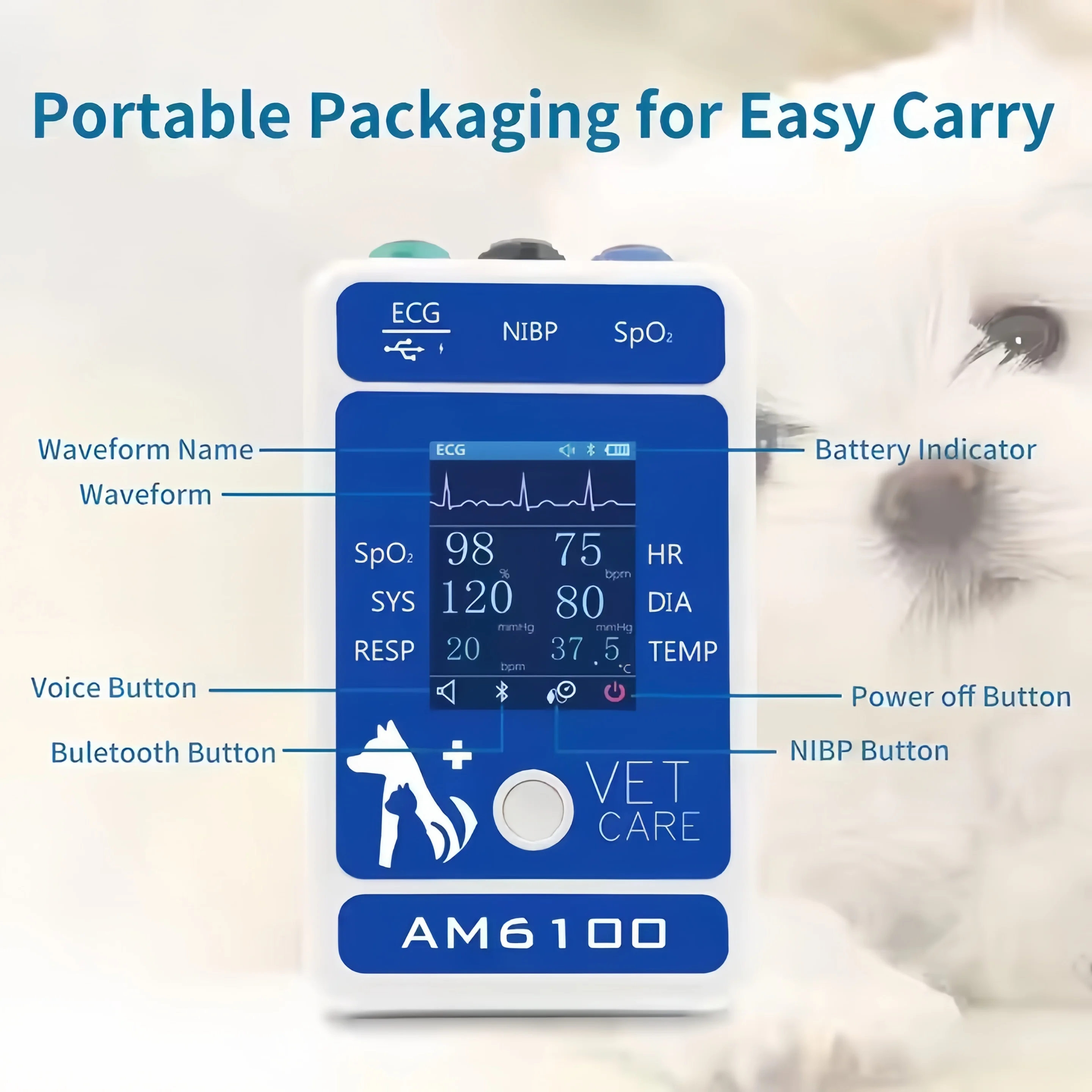 Veterinary monitors and animal vital sign monitors can handle: PR, HR, NIBP (blood pressure), Spo2, respiration, TEM