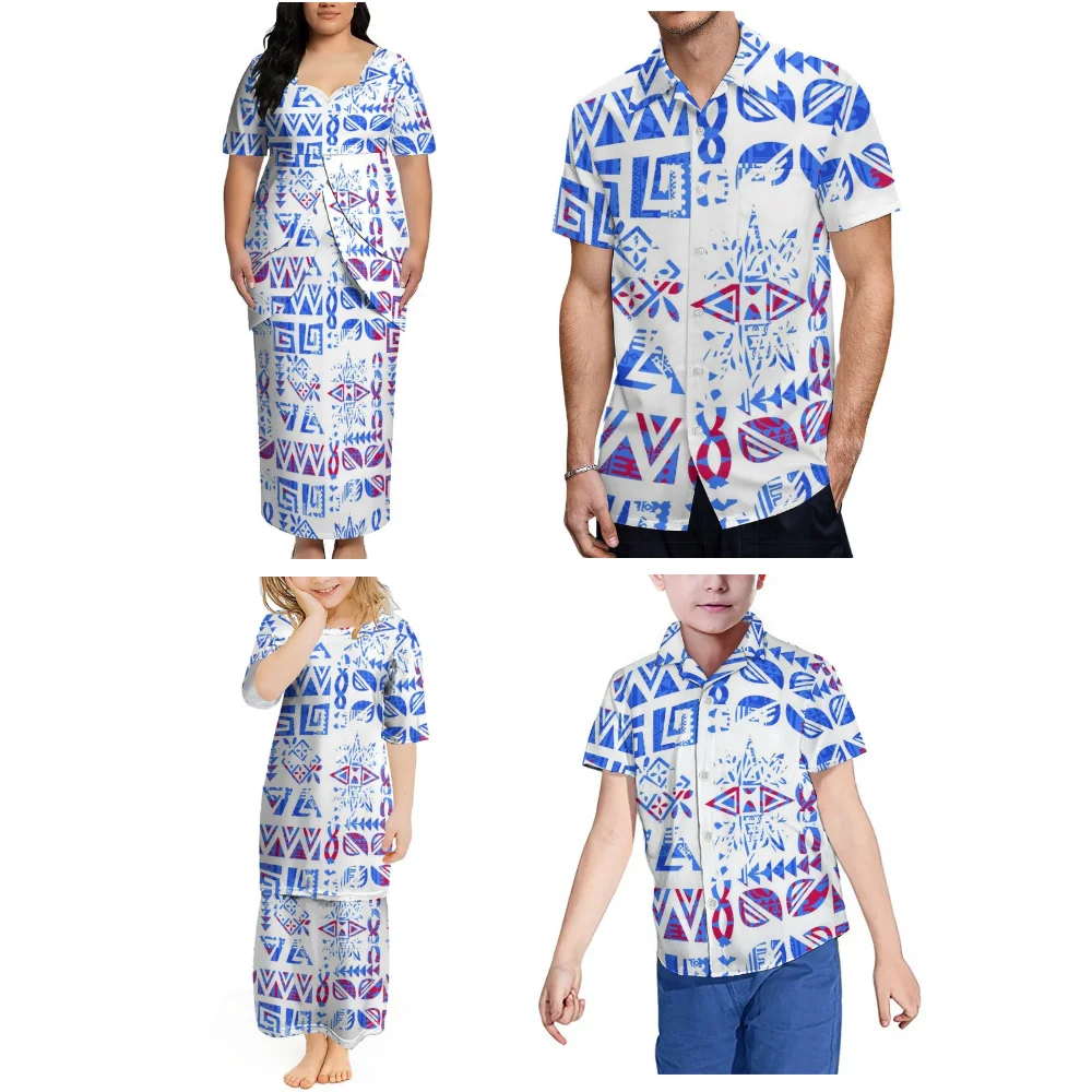 Summer Custom-Made Comfortable And Soft Fabric Family Wear Polynesian Woman'S Puletasi Suit Skirt Men'S Short-Sleeved Shirt