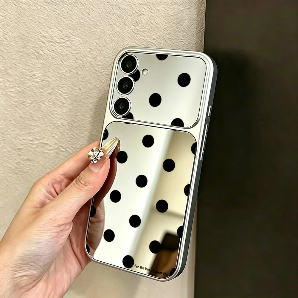 Luxury Mirror Black Polka Dots Case For Samsung S25 S26 Ultra S24 FE S23 Ultra Case A57 A56 A55 A54 A37 A36 5G A26 A17 A07 Cover