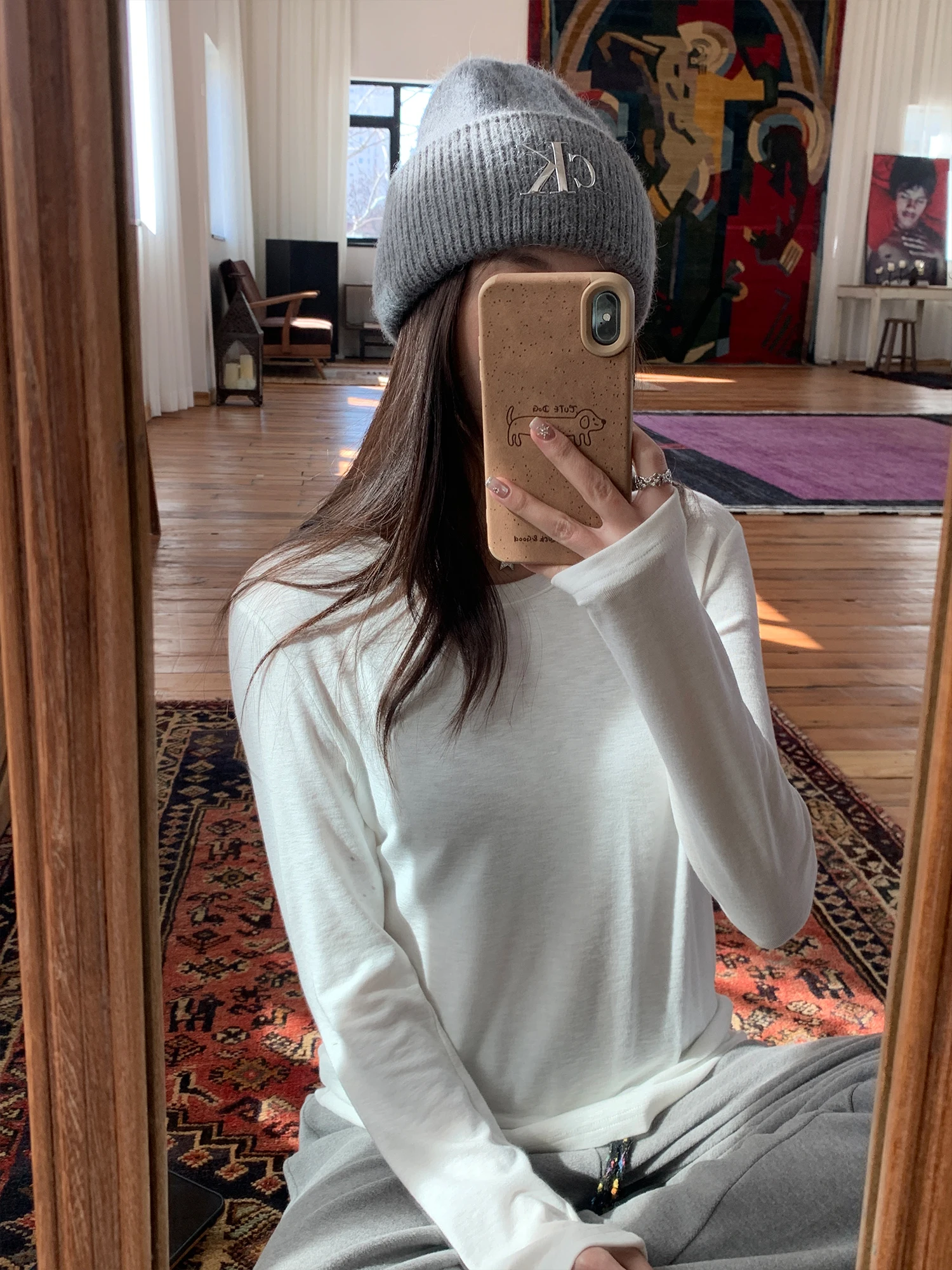 

Свободная длинная круглая футболка Sve Ne, женская осенняя повседневная футболка из бамбукового волокна, белый удобный базовый слой irt