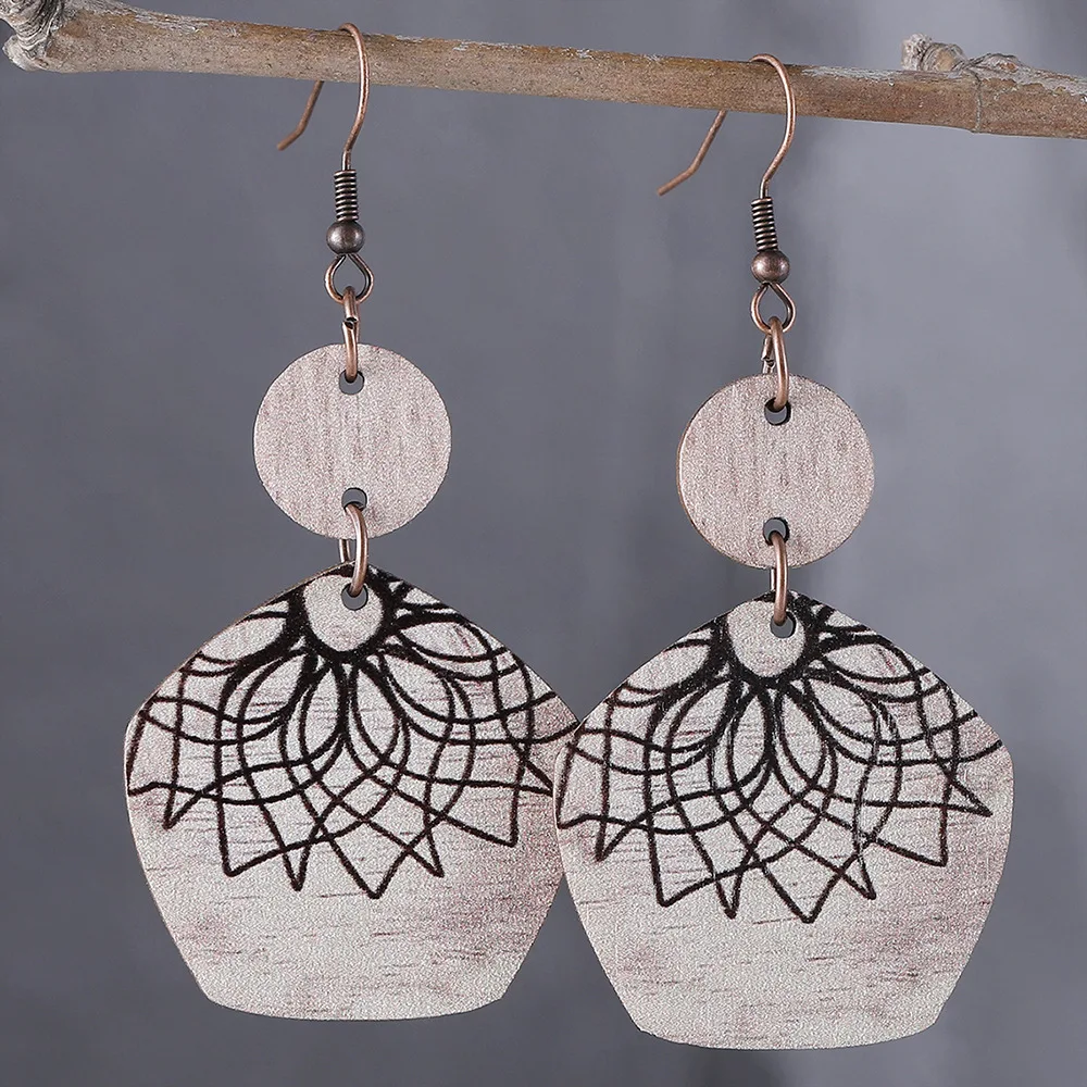 

New Bohemian Sunflower Geometric Round Pentagonal Splicing Pendant Earrings Wooden Double sided Women's Trendy Earrings Decorati