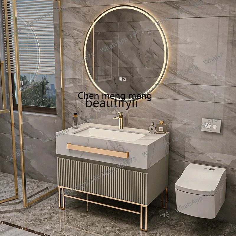 xqStone Plate Bathroom Cabinet Seamless Ceramic Basin Hotel Style B & B Washstand Modern Minimalist Solid Wood Floor Bathroom