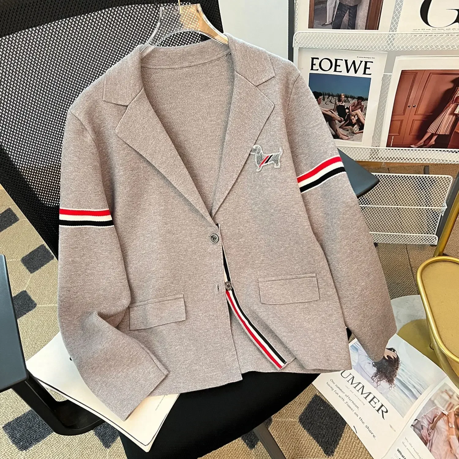 

Men's coat webbing color contrast dog embroidery casual knitted suit jacket women 2024 autumn/winter new