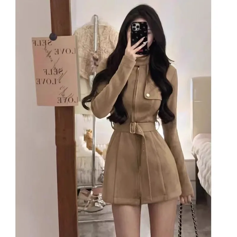 

2025 New Autumn Spicy Girl Outfit High-end Waist-hugging Slim Fit Stand Collar Suede Jacket for Women Two-piece Set