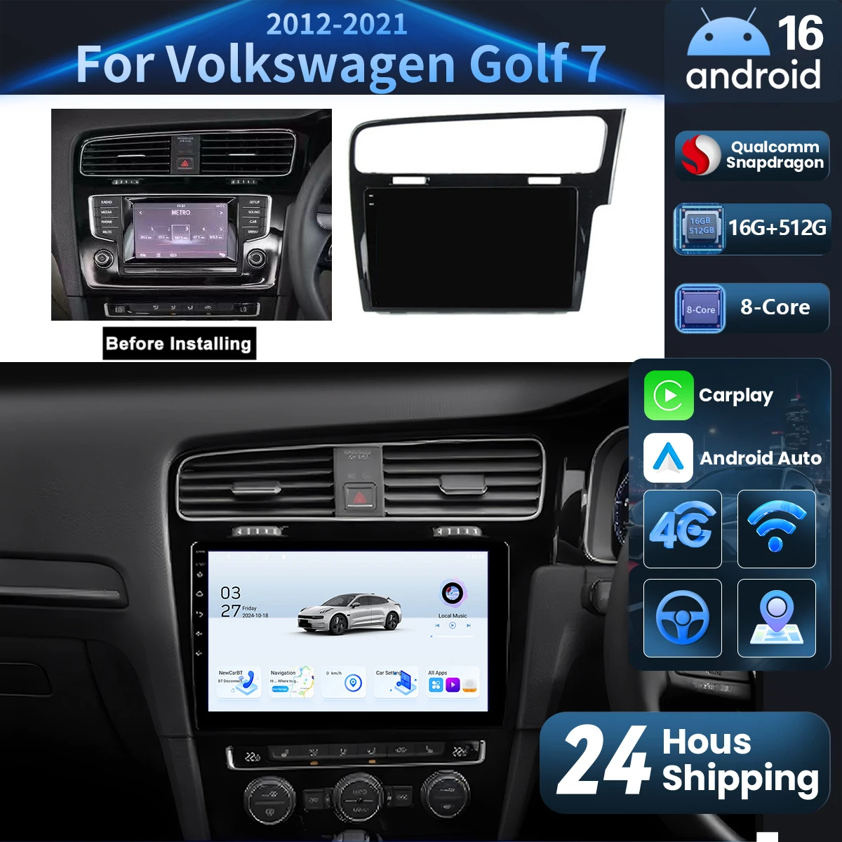 Android 16 Car Radio For Volkswagen VW Golf 7 MK7 GTI 2012-2021 RHD Carplay Auto Stereo Video Player BT 16G+512G GPS WIFI 4G SWC