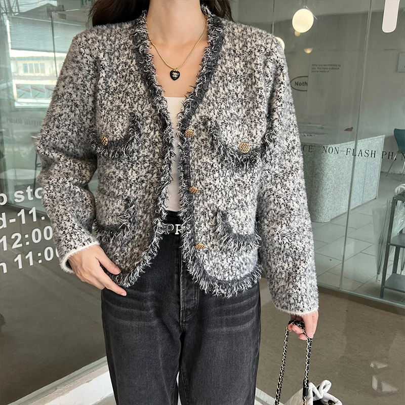 

Tweed Jacket Overcoat Oversize Womens Autumn-Winter Embroidered Round-Neck Workwear Silhouette Ladylike Suede Rhinestones Beaded