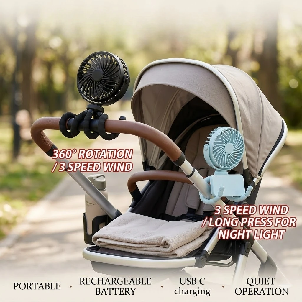 Tragbarer, flexibler Stativventilator, USB-wiederaufladbarer Mini-Oktopus-Ventilator, extrem leise, für Kinderwagen, Autositz, Reisen, tragbarer Ventilator mit 3 Geschwindigkeitsstufen – Detail 13