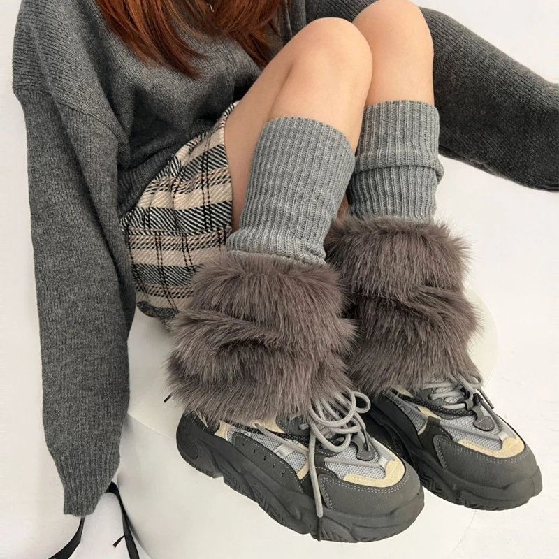 

Japanese Harajuku Women Winter Ribbed Knitted Leg Warmer Colorblock Furry Plush Patchwork Boot Cover Stacked Long Socks