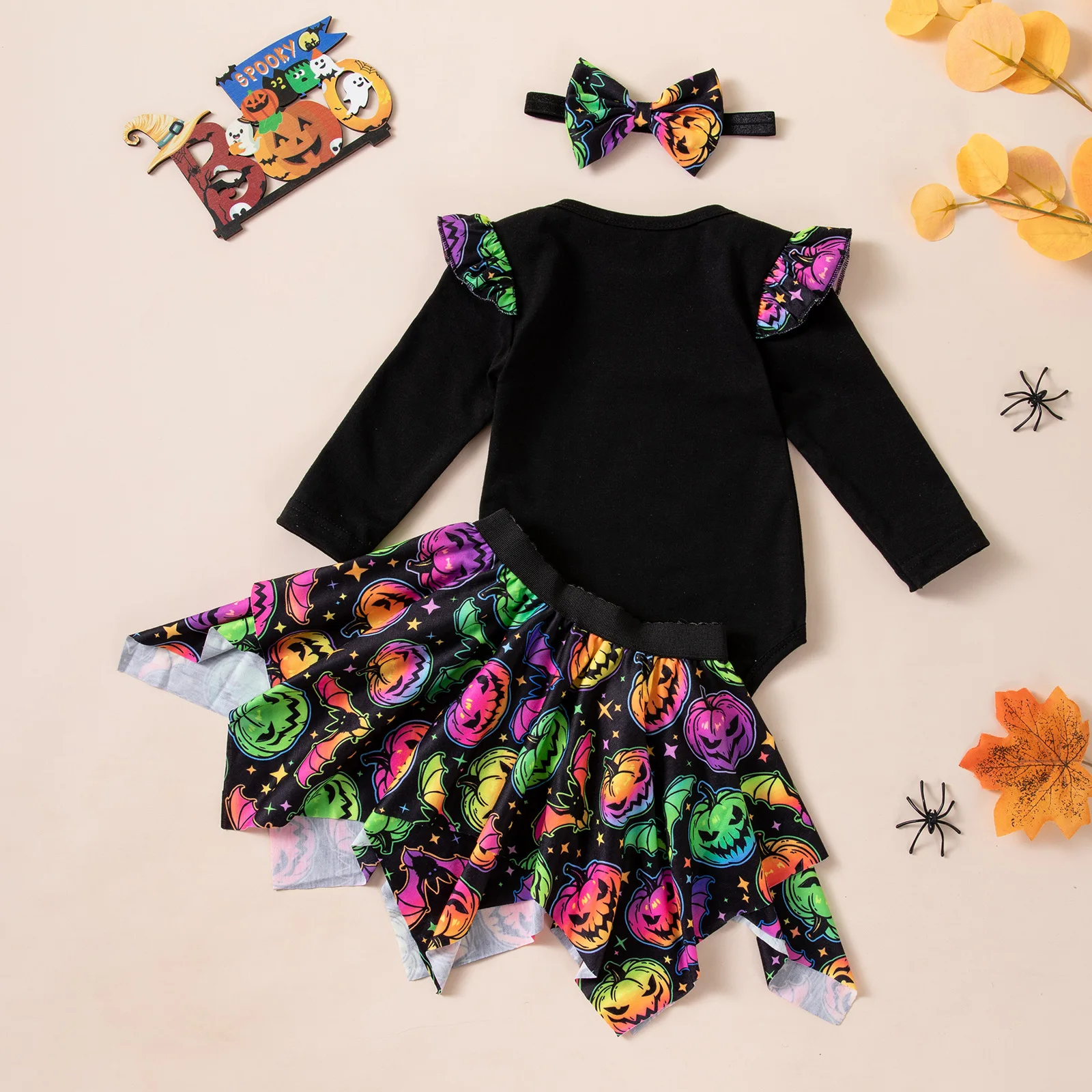 New Halloween Baby Girl Costume Skirt Set Color Pumpkin Print Long Sleeve Romper Bust 3-piece Set