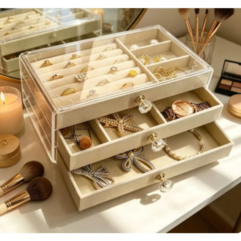 Acrylic Jewelry Box with Velvet Lining, Anti-Oxidation Organizer for Earrings Necklaces Rings