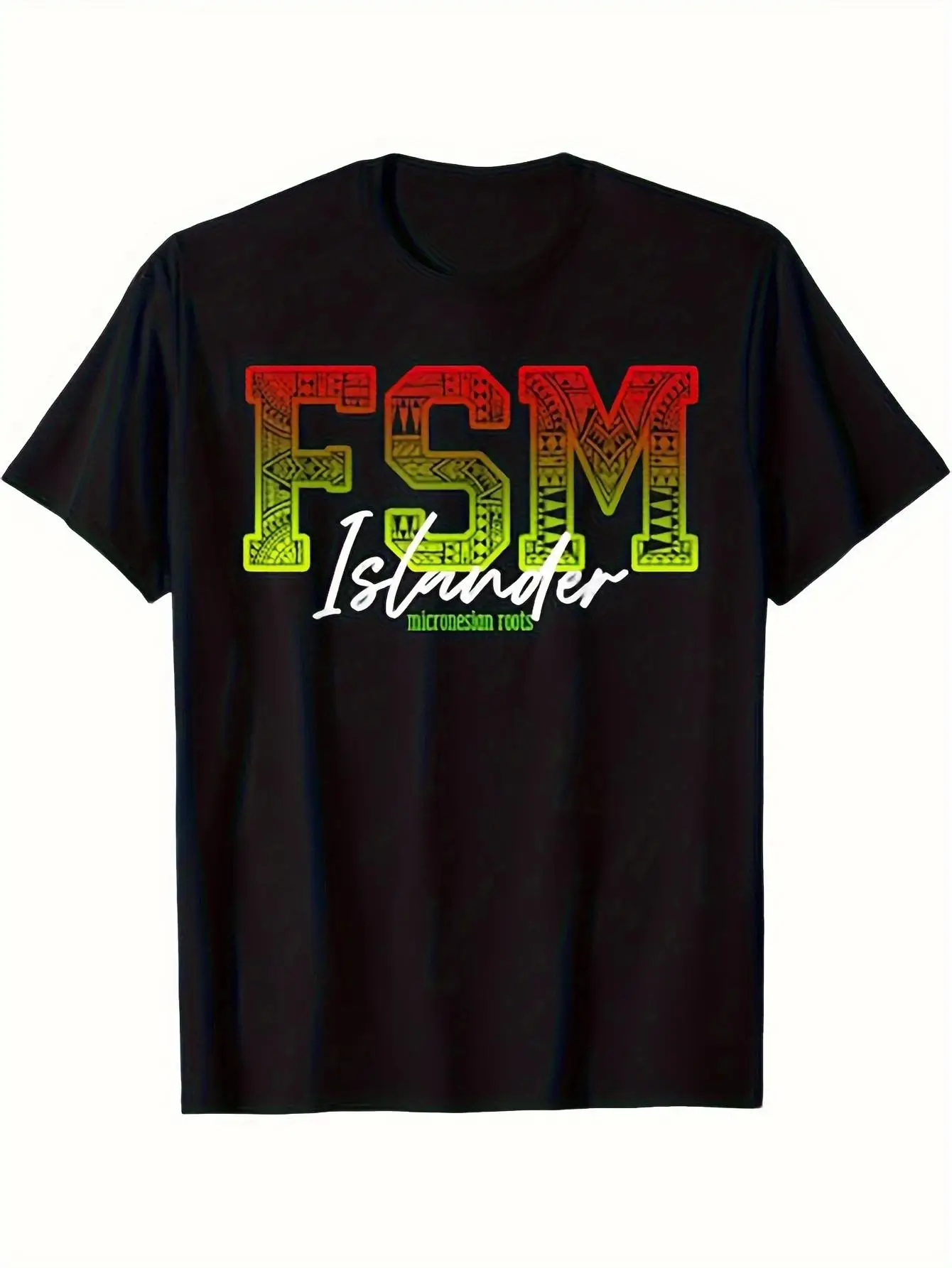 Men's Federated States of Micronesia Islander Reggae T-shirt - Micronesian Glory Print T-shirt, striking neon green and red FSM letters