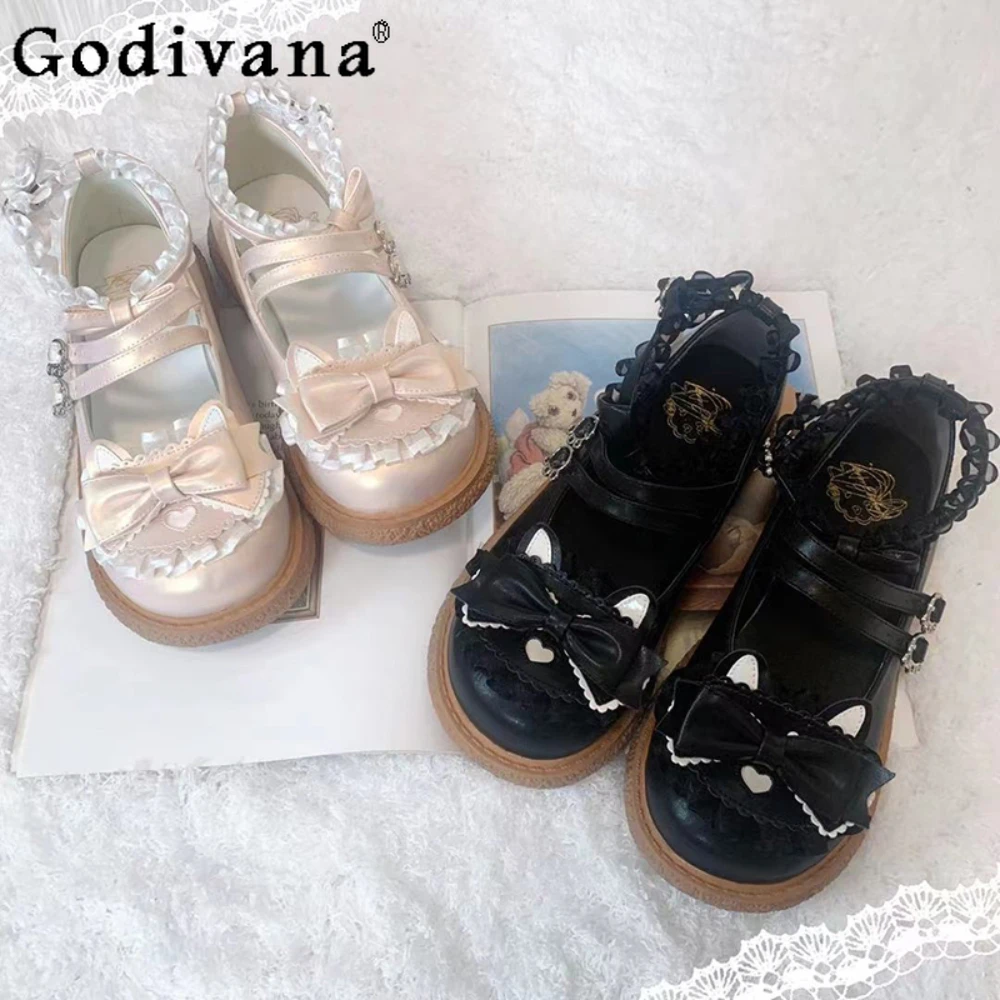 

Cute Japanese Lolita Jk Flat Bottomed Mary Janes Single Shoes Sweet Bow Party Platform Pumps Girls Summer Heels