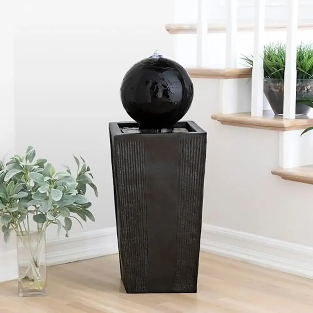 

Modern Sphere Pedestal Waterfall Fountain Garden Black 33" Outdoor Soothing Water Flow Rust-Resistant Polystone Construction