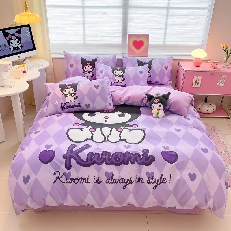 Kuromi farbiges Bettwäsche-Set für Kinder und Mädchen, Bettbezüge-Set mit 3D-Druck und Kissenbezügen, Mikrofaser-Bettbezug mit Reißverschluss ﻿