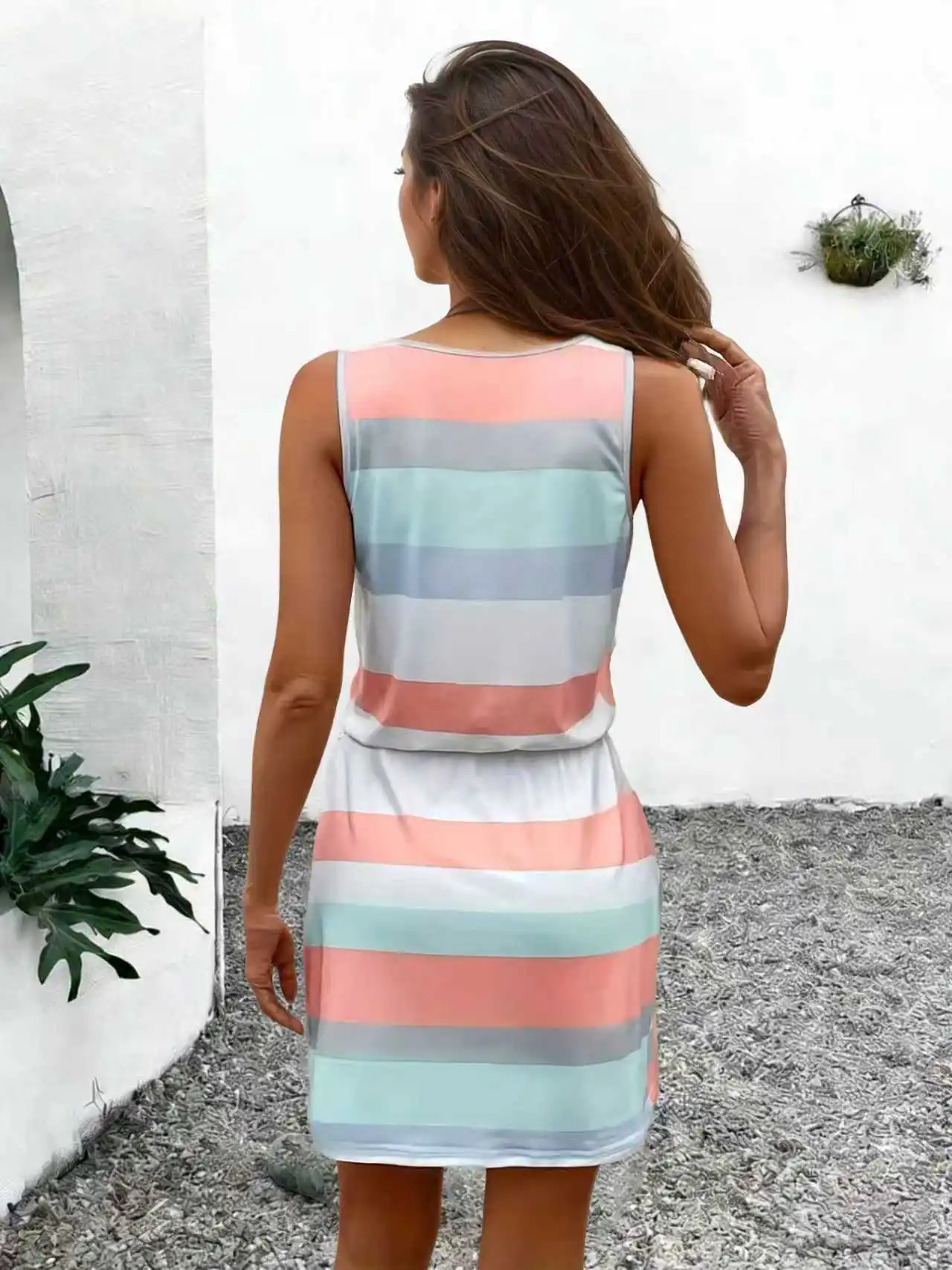 Summer Round Neck Sleeveless Striped Colorful Print Casual Beach Vacation Tank Dress with Faux Drawstring Waist