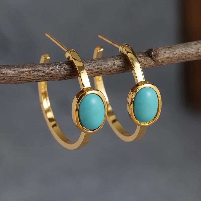 Classic Vintage Oval Turquoise Hoop Earrings Women\'s Delicate Jewelry Gifts For Her 1Pair