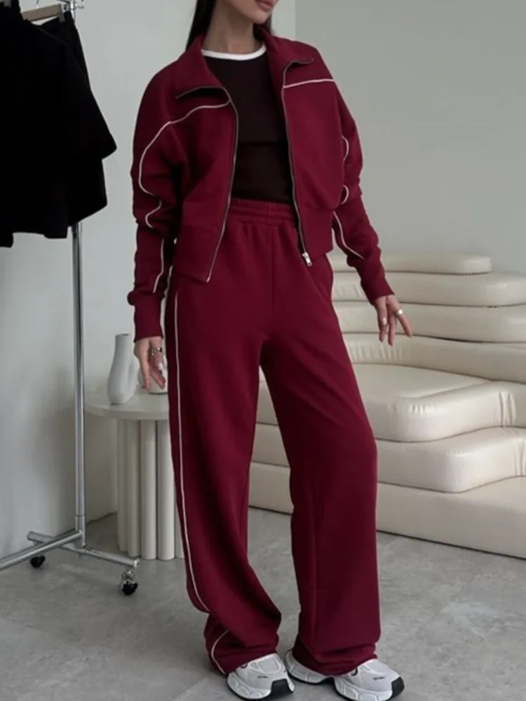 ชุดเซ็ตเสื้อผ้าลำลองสำหรับฤดูใบไม้ร่วง เสื้อแจ็คเก็ตแขนยาวมีซิปสำหรับผู้หญิง กางเกงขายาวลายทางเอวยางยืด ชุดสองชิ้น