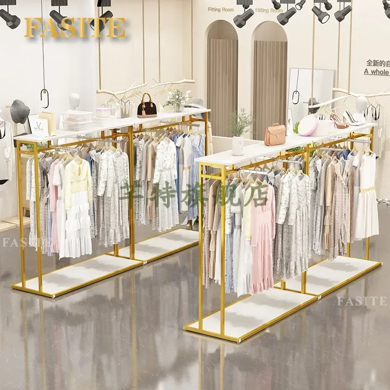 For Clothing Store Floor to Ceiling Display Rack Gold Metal Single Row Double Sided Front Hanging Shelf for Men Women Kids
