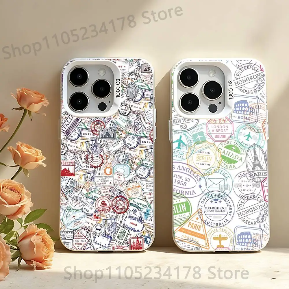 

Travel Stamp Pattern Phone Case For iPhone 12,16,17,14,13,15,11,Pro,XS,Max,Plus,Mini,SE4,E White Matte Shockproof Cover