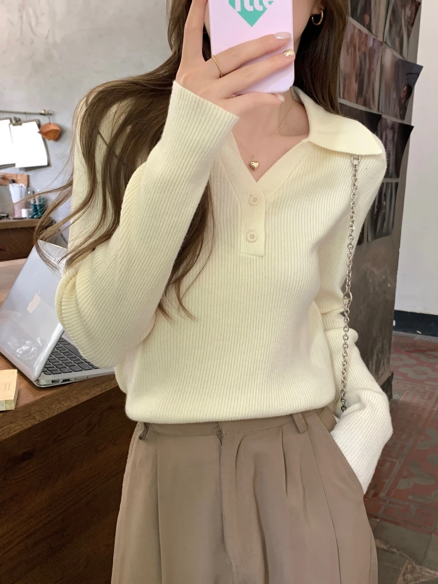 Knit Women Spring and Autumn 2024 New Polo Collar Button Base Long sleeve Inner wear Crop Sweater Top Winter