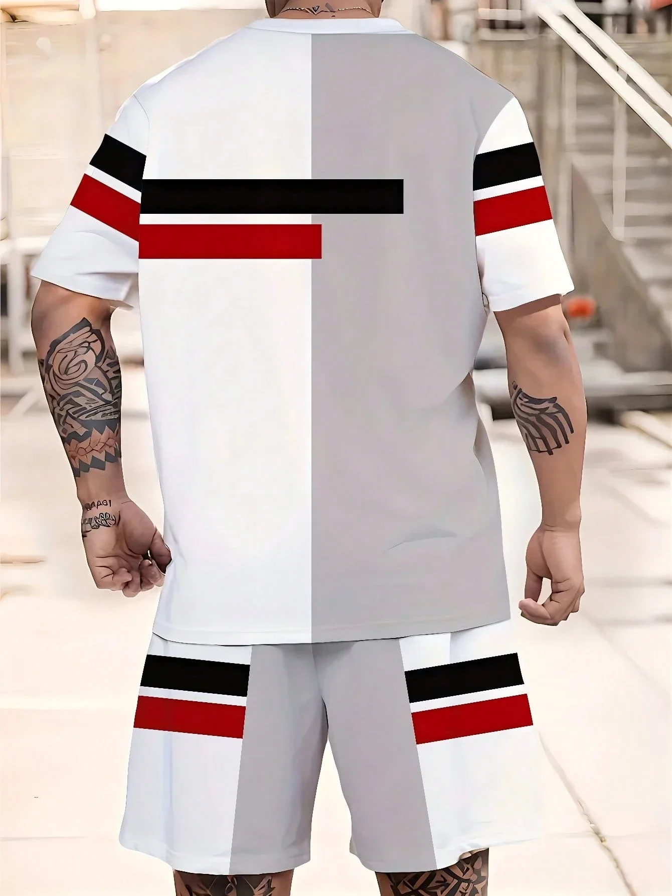 

Geometric Striped Contrast Color Plus Size Men's T-Shirt Shorts Set Casual Streetwear