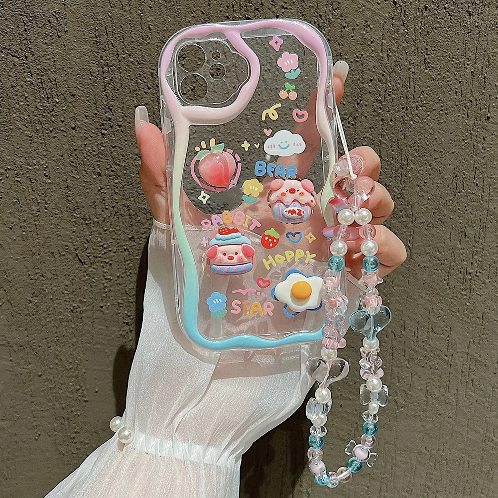 Cute 3D Pig Bracelet Wrist Chain Lanyard Clear Soft Phone Case For iPhone 17 16 13 14 15 Pro Max 11 12 XR XS X 7 8 Plus SE Cover