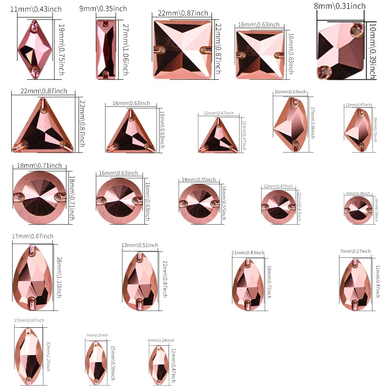 Wszystkie rozmiary różowo-złote łezka trójkątne okrągłe płaskie kryształowe szklane strasy przyszyte na dodatki do sukni ślubnej z kryształu