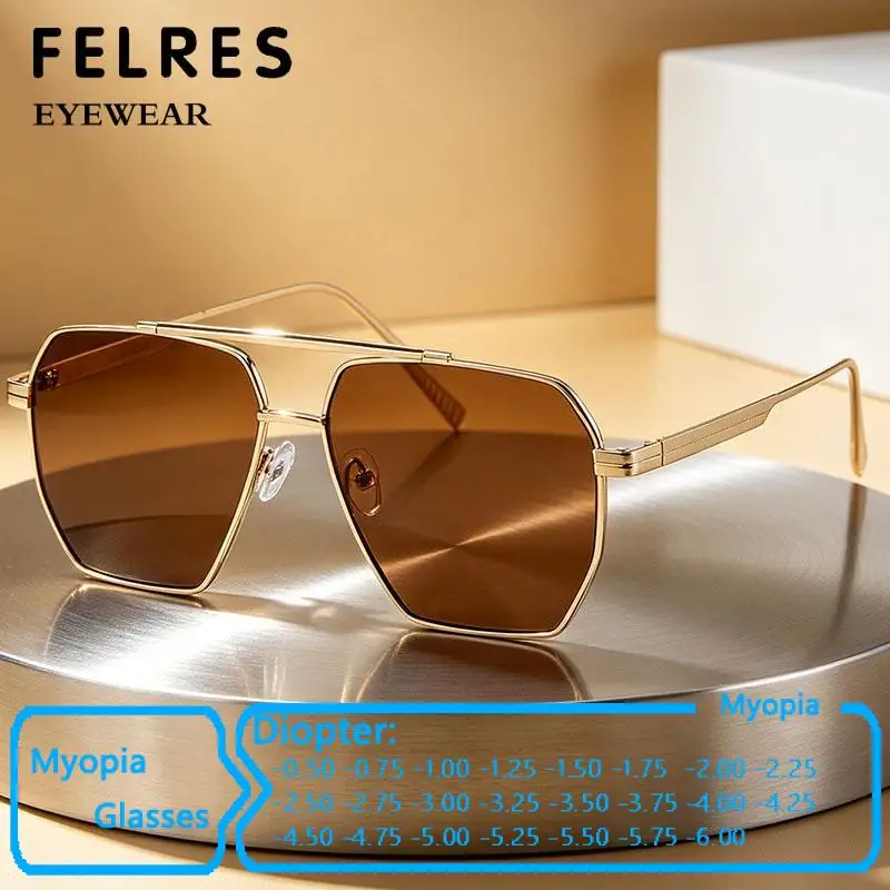 Classic Designer Metal Square Brown Myopia Glasses Men Women High Quality Outdoor Shade Nearsighted Eyewear Negative Diopter
