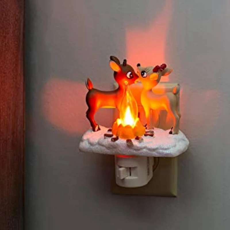 2 PCS Reindeer Campfire Nightlight Reindeer Night Light LED Faux Campfire Lamp Christmas Decor For Bedroom US Plug