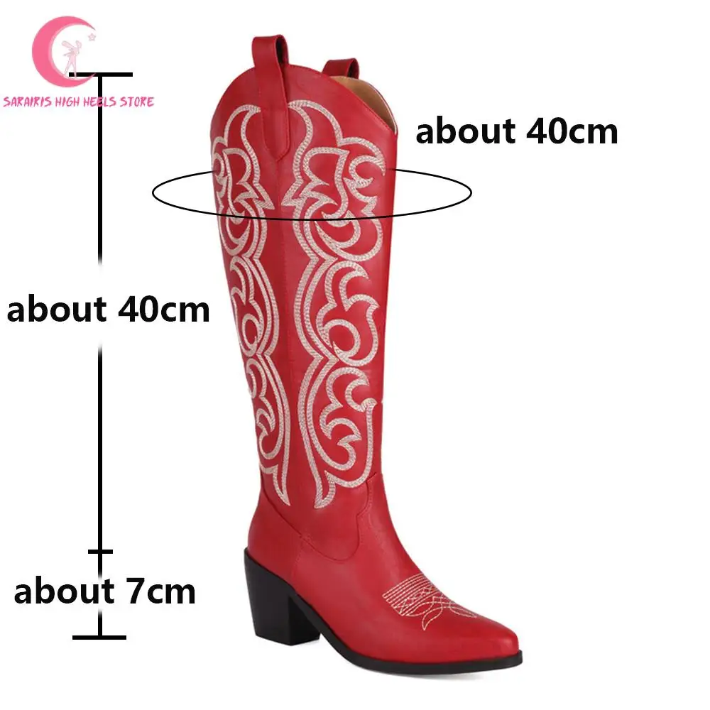 Vintage Embroidery Chunky High Heeled Western Boots Women Brand New Knee High Cowboy Women Shoes Stylish Red Comfy Ridding Shoes