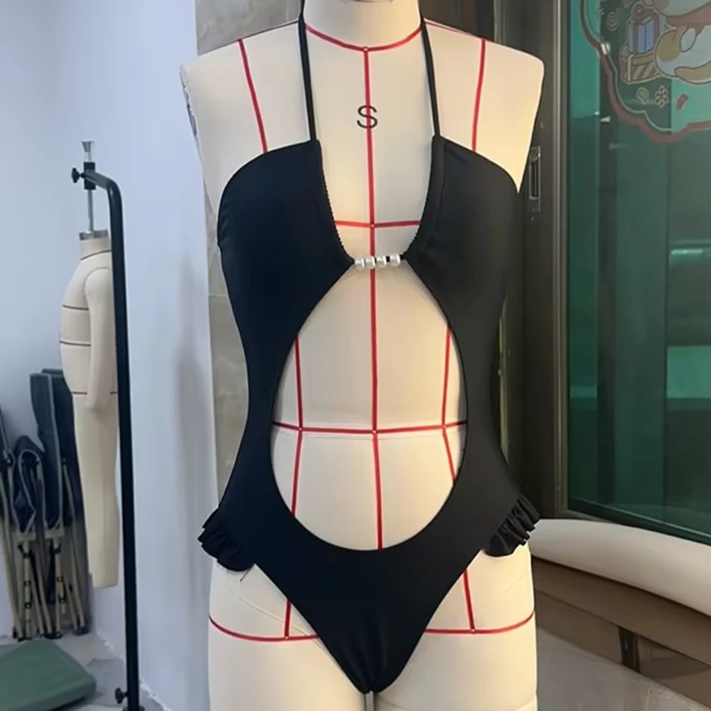 Women Pearl Embellished Monokini Swimsuit Summer Cutout Ruffle Backless Halter Neck Swimwear for Beachwear Bathing Suits