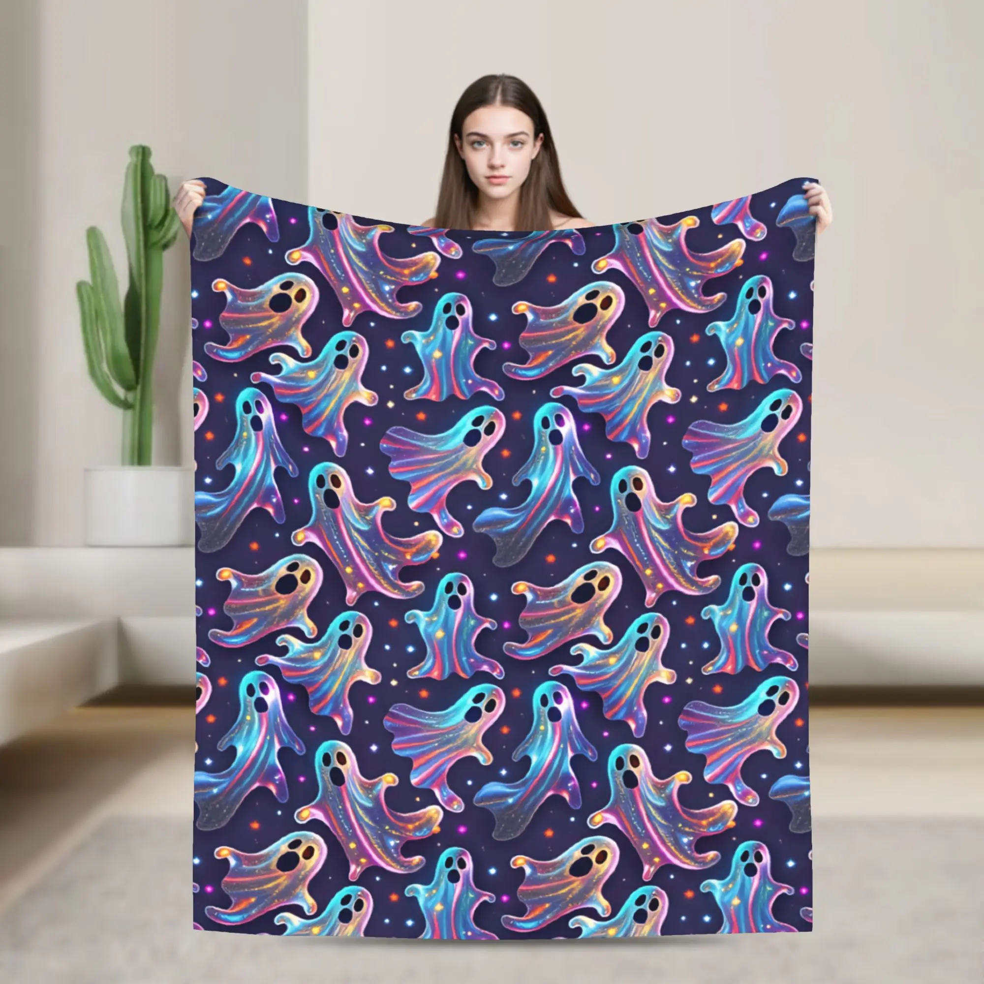 Holographic Galaxy Ghost Halloween Seamless Pattern Comfortable Blanket  Funny Plane Travel Bedding Throws Flannel Bed Cover