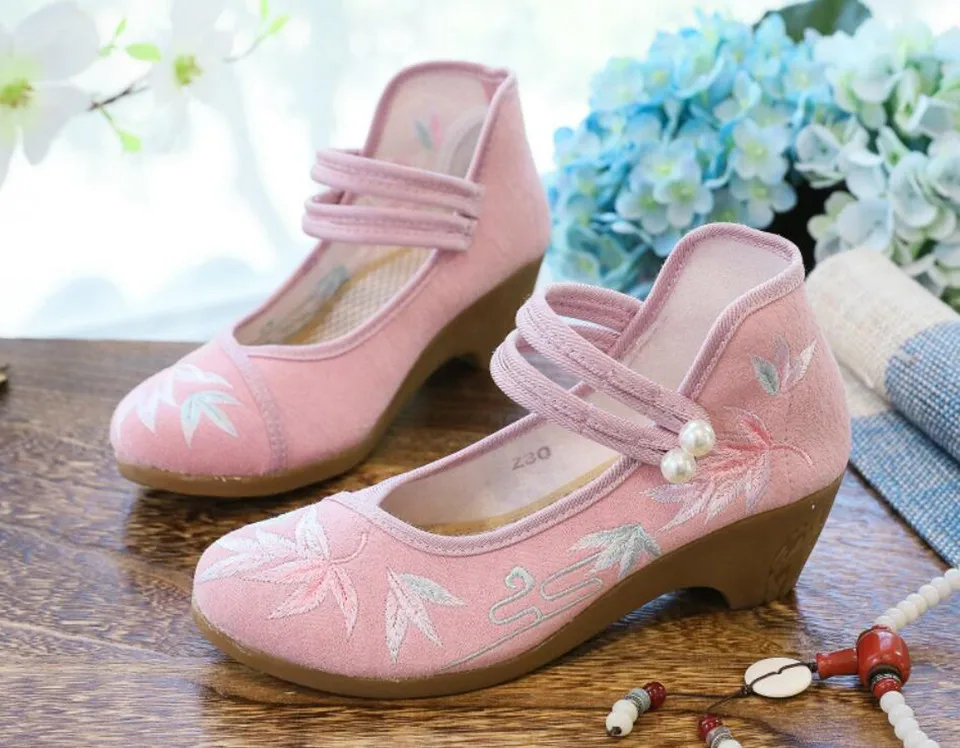 Women Ankle Button Strap Pumps Ethnic Embroidery Mary Jane Dress Shoes Mid Heel Cotton Fabric Espadrilles Vintage Sandals